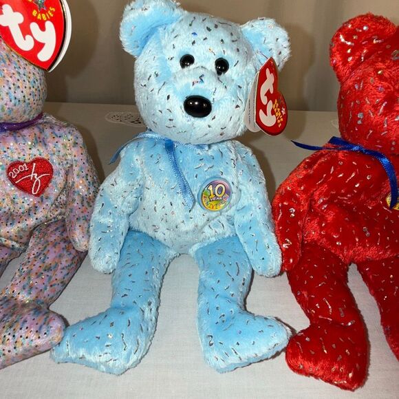 TY Beanie Baby Trio – Signature 2001 & Decade 2003 Bears – Confetti, Blue & Red - Picture 3 of 13